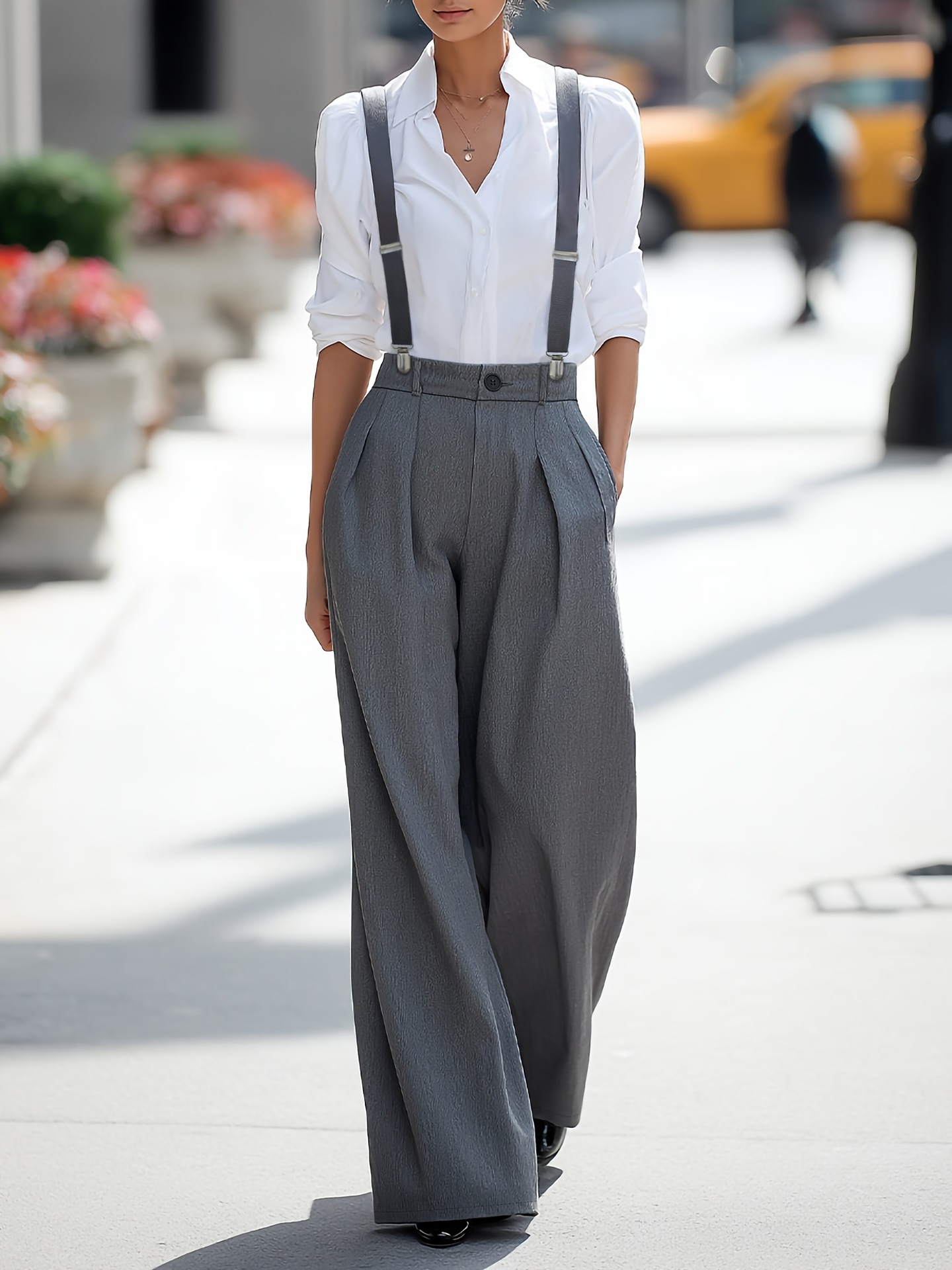 High waist wide leg pants styled without shoulder straps – classic trouser look