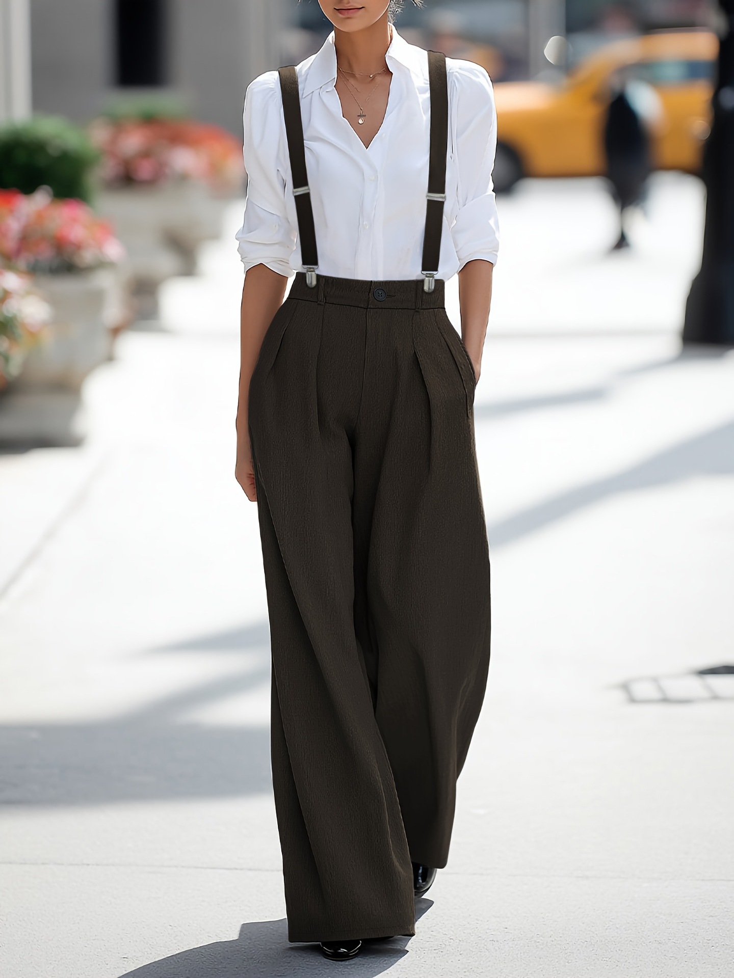All four colors of high waist wide leg pants – gray, black, navy blue, brown comparison
