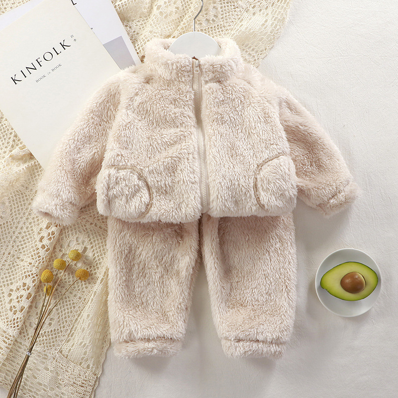 Children's Set Autumn Winter Warm Fleece Clothing for Boys and Girls, Solid Color Fashionable Home