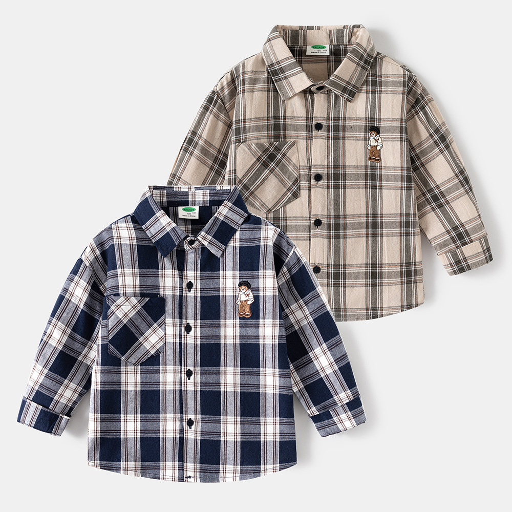 Casual Cartoon Checkered Long Sleeve Shirt for BoysMedium to Large Size