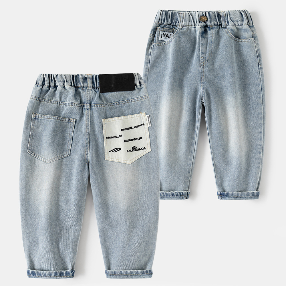Casual Loose Letter Printed Solid Color Jeans for Boys Kids' Denim Pants