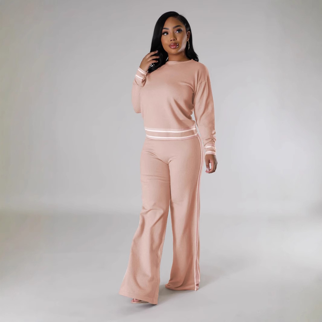Autumn and winter new long sleeved knitted shirt wide leg casual pants two-piece set