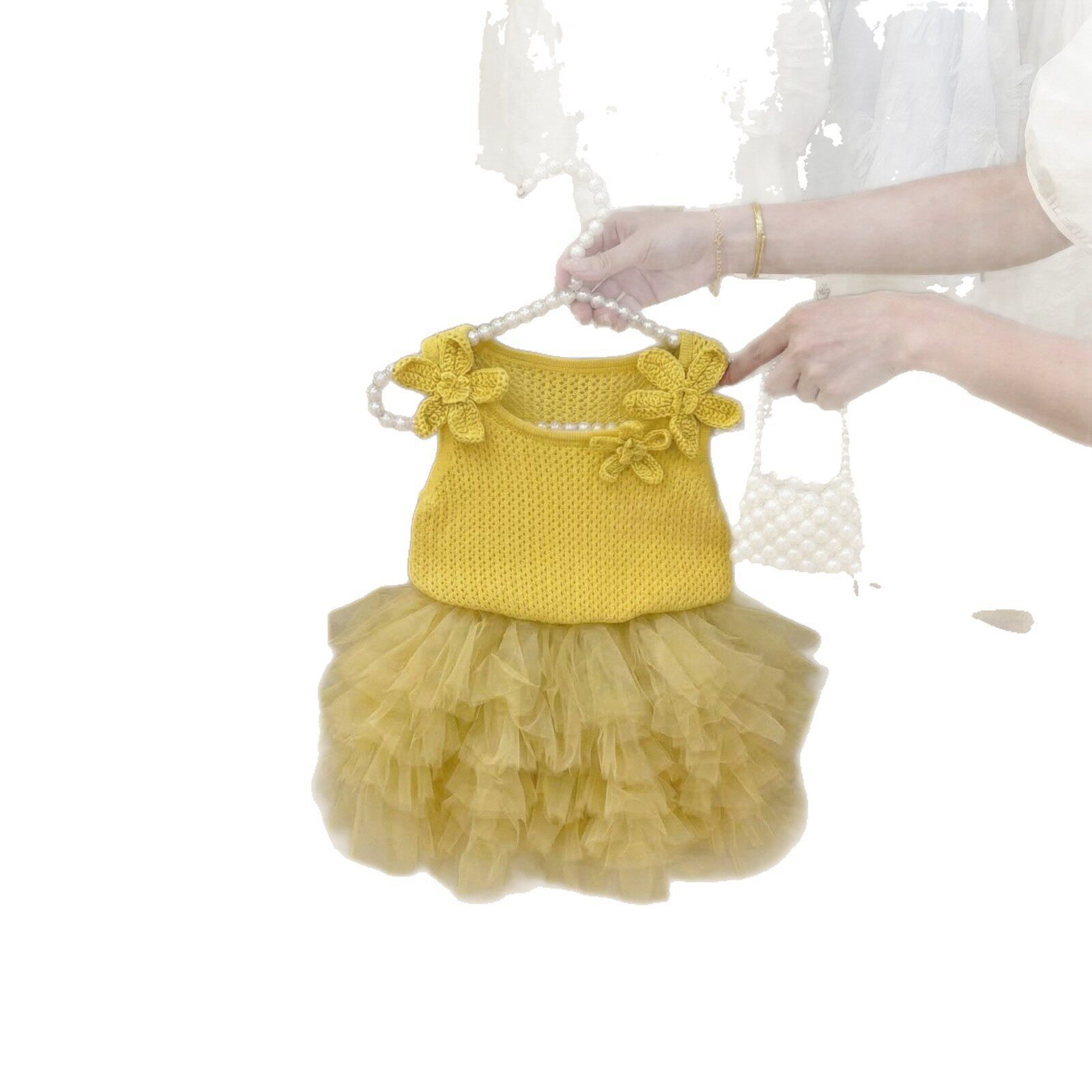 Lemon Floral Knit Sleeveless with Tulle Skirt for Girls Dress