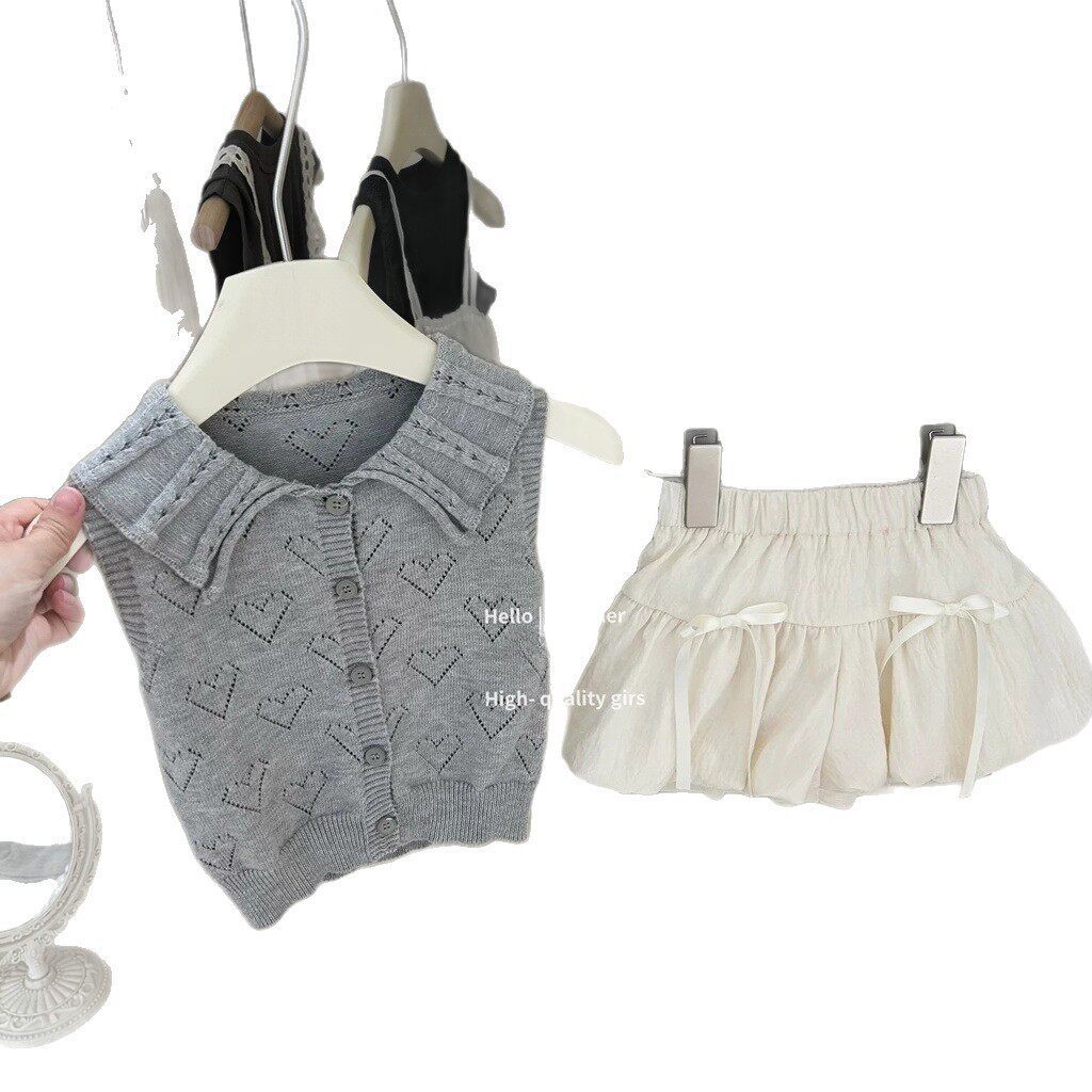 Gray Knit Hollow-Out Vest with Apricot Bloom Pants Stylish and Charming Two-Piece Set