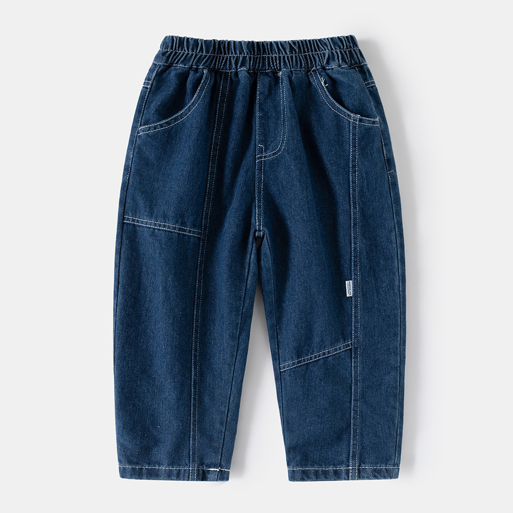Boy's Casual Solid Color Stitched Denim Long PantsStraight Fit, Children's Bottoms