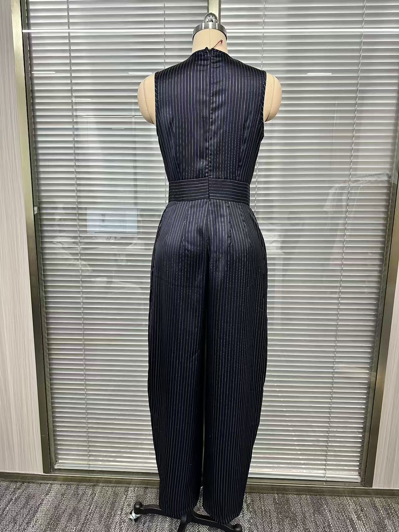 Women's wide-leg jumpsuit in navy blue — lifestyle photo