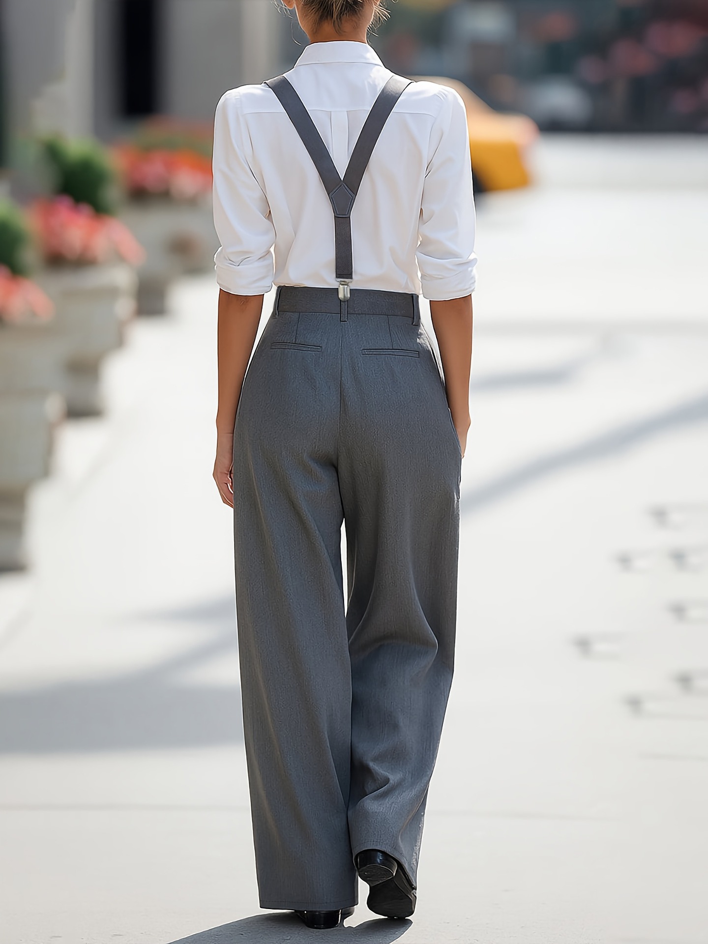 Women's gray wide leg pants lifestyle photo – chic office and casual outfit
