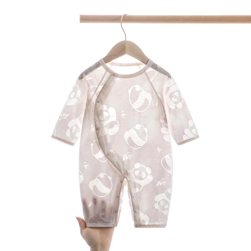 Summer long sleeved slanted one-piece panda cute baby air-conditioned suit crawling suit