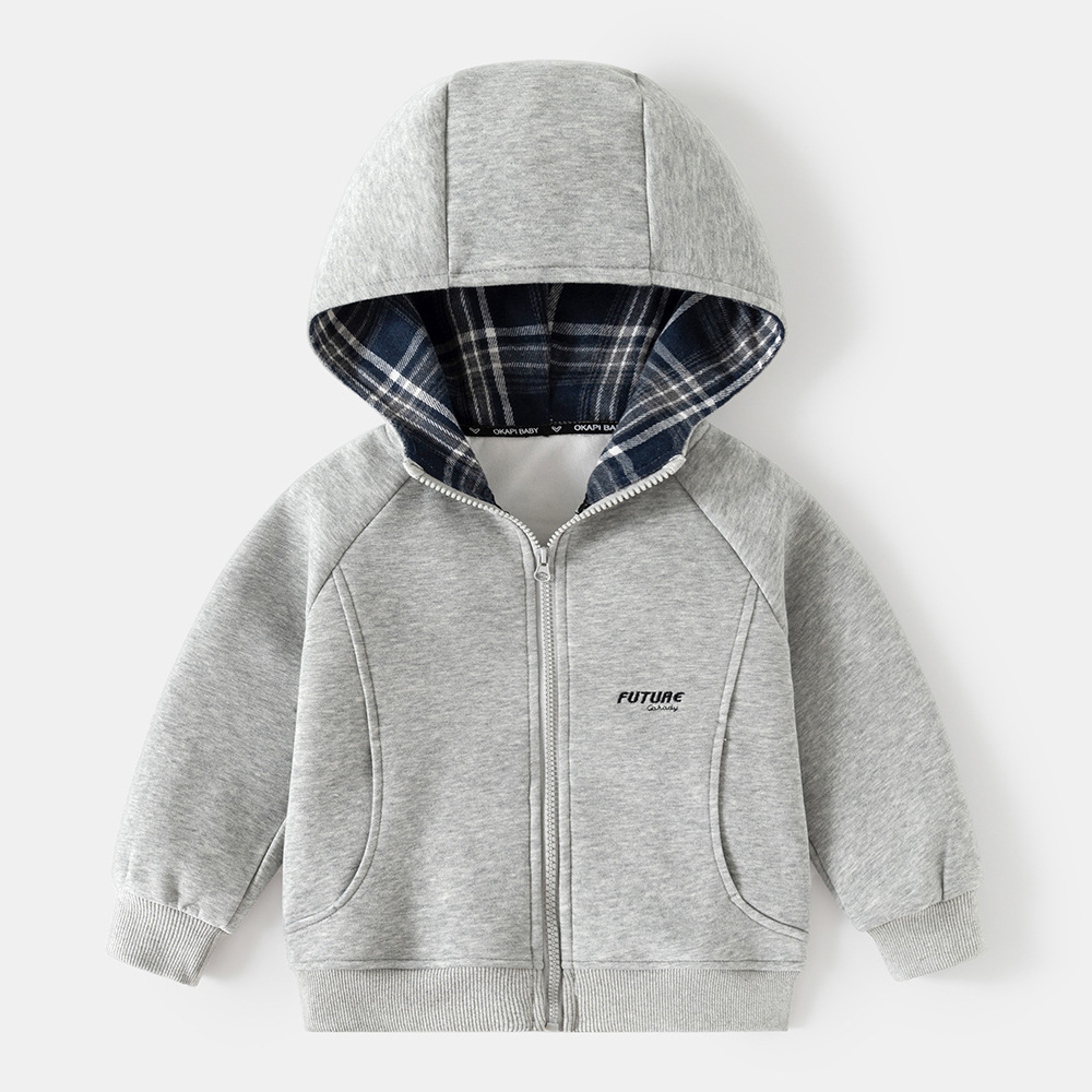 Casual Loose Solid Color Hooded Sweatshirt for Boys Zip-Up Top