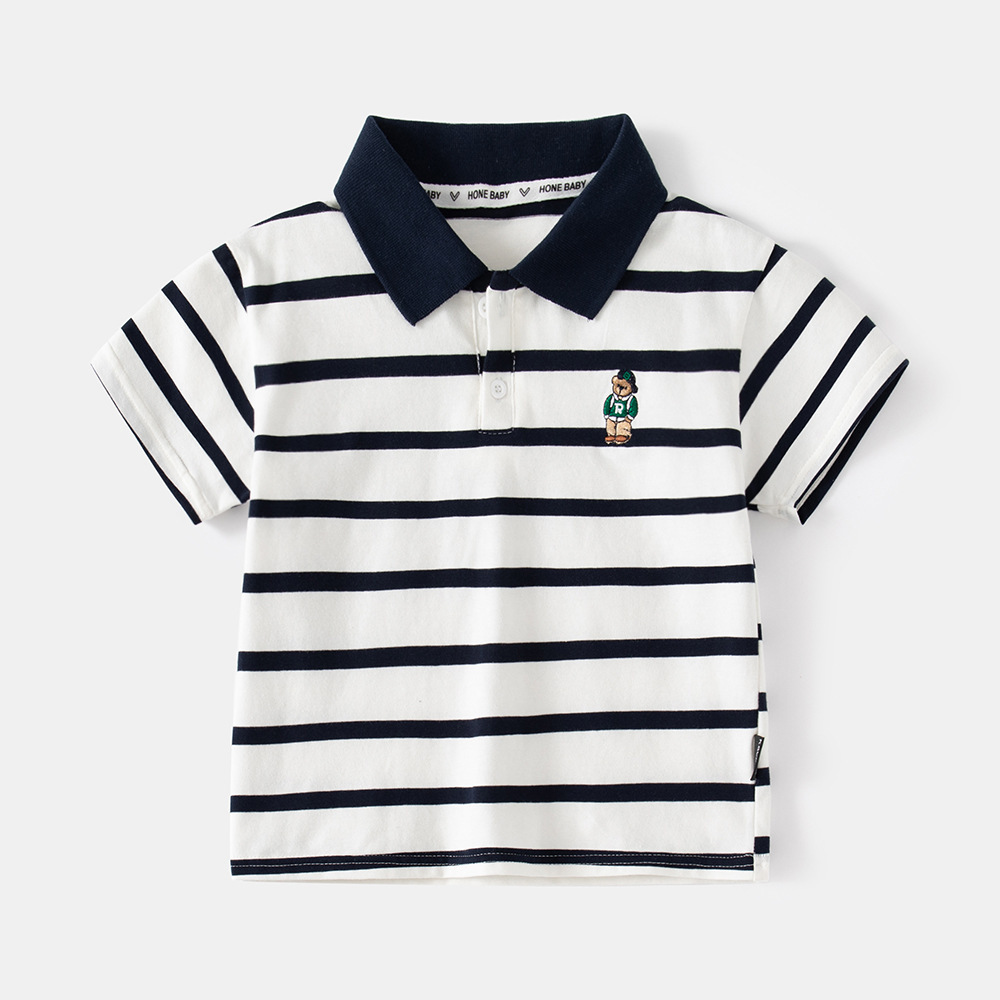 Boy's Children's Summer New Cartoon Collar Stripe Polo Shirt