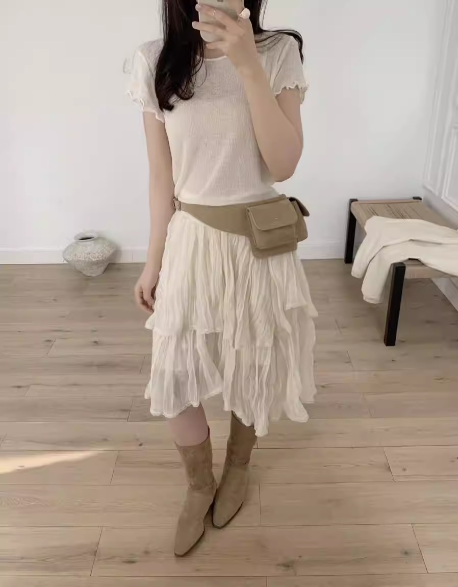 mesh irregular skirt solid color versatile A-line knee-length midi skirt 7D3D3E15D9303279F69A4AA3DC782E1F