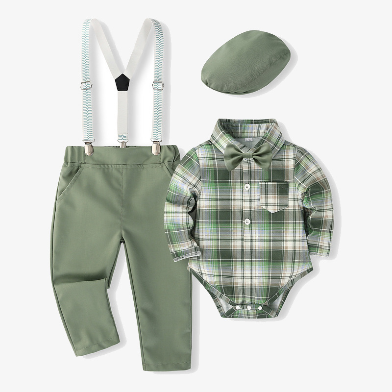 Baby Formal Suit Set Spring New Style Baby Japanese Vintage Checkered Gentleman Romper Overalls Set