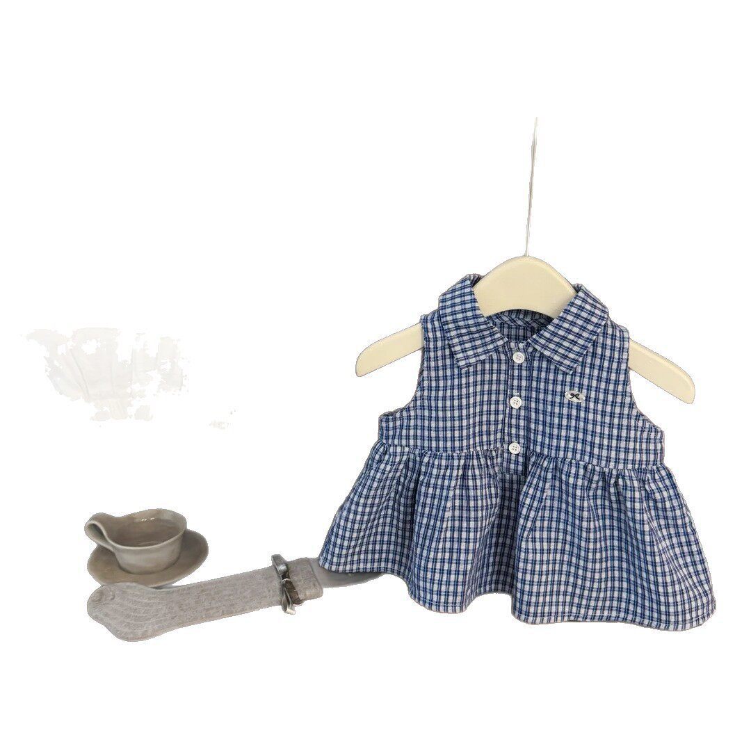 Blue Checkered Collared Vest and Shorts Set