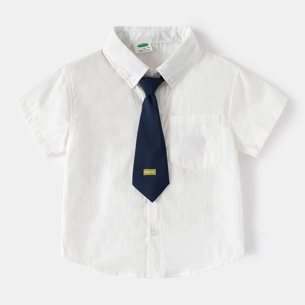 Boy's Summer New Kids Tie Short Sleeve Shirt College Style Short Sleeve Shirt
