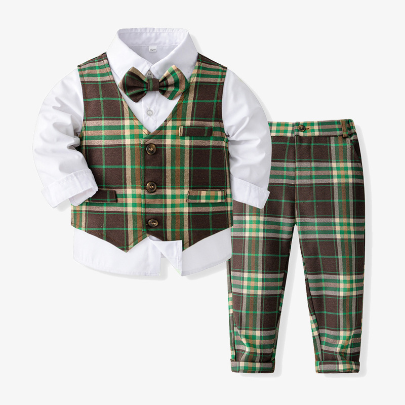 Boys' plaid formal suit set, vest outfit for flower boy performance, multi-piece set