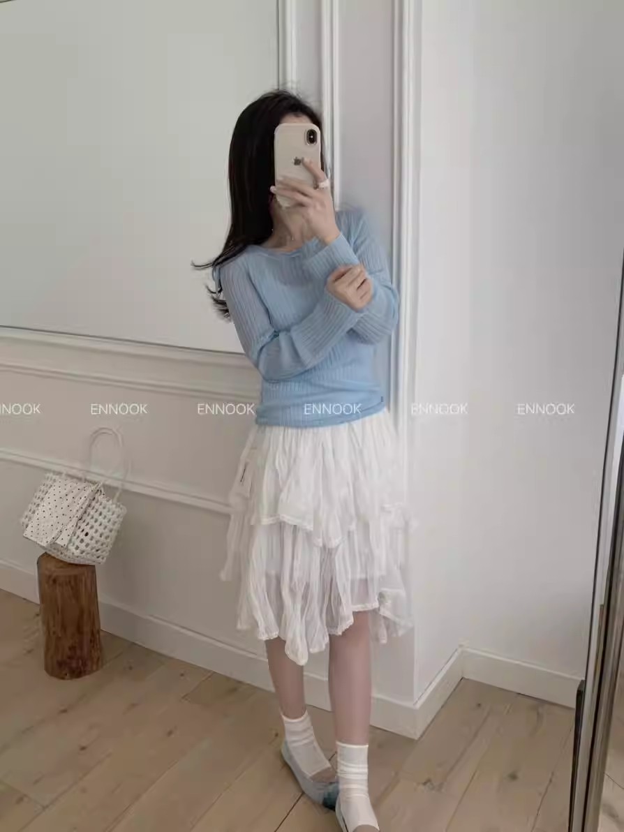 mesh irregular skirt solid color versatile A-line knee-length midi skirt A9A82363B084519E2F4C10F34F50910F