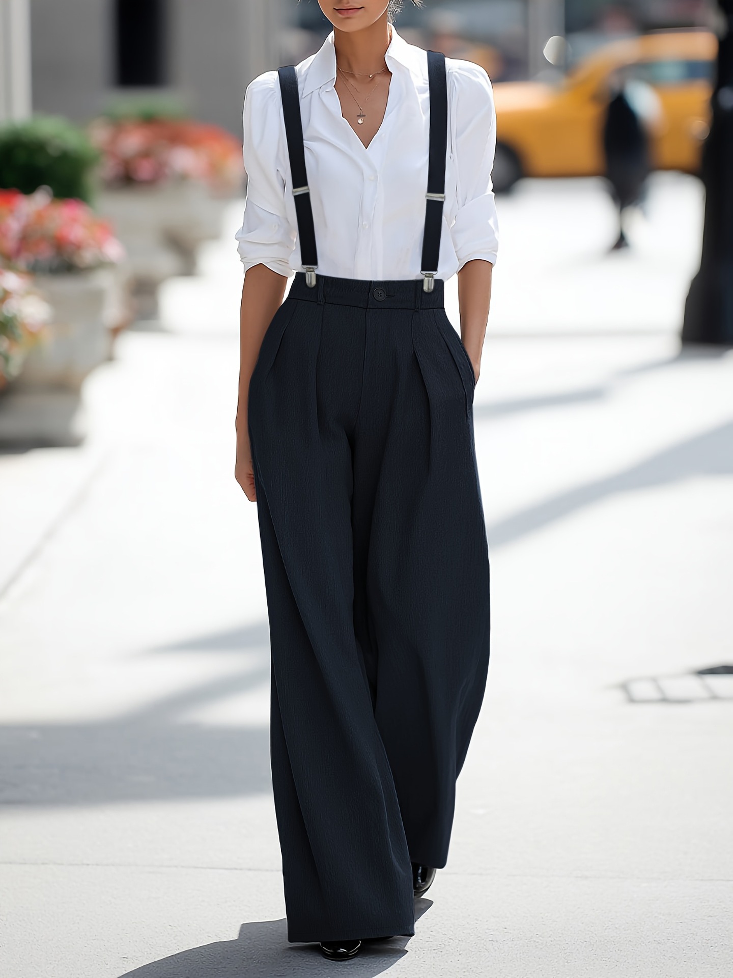 High waist wide leg pants with detachable straps – full outfit styling shots all colors