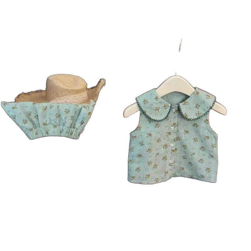Green Forest Fantasy Floral Print Sleeve Sleeveless Peter Pan Collar Dress Style Two-Piece Set for