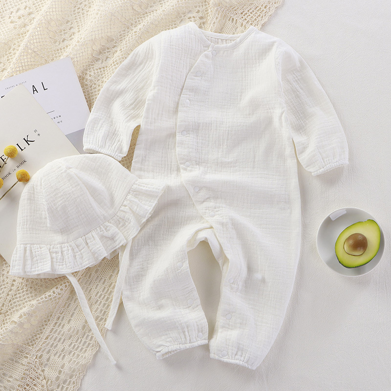 Infant Spring and Autumn New Long Sleeve Bodysuit for Newborns, Cotton Solid Color Muslin One-Piece