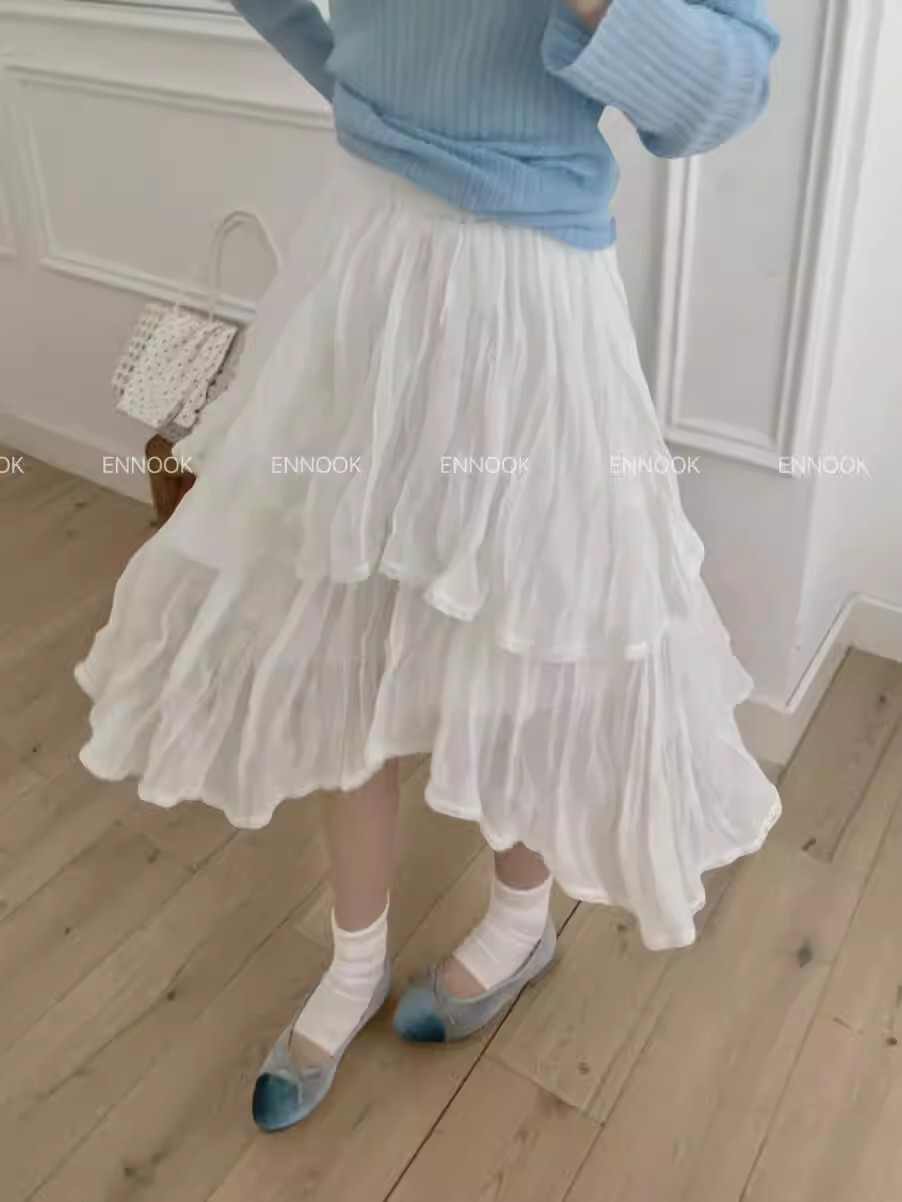mesh irregular skirt solid color versatile A-line knee-length midi skirt BC9ED6A84356B1A5480431F57D9134C0