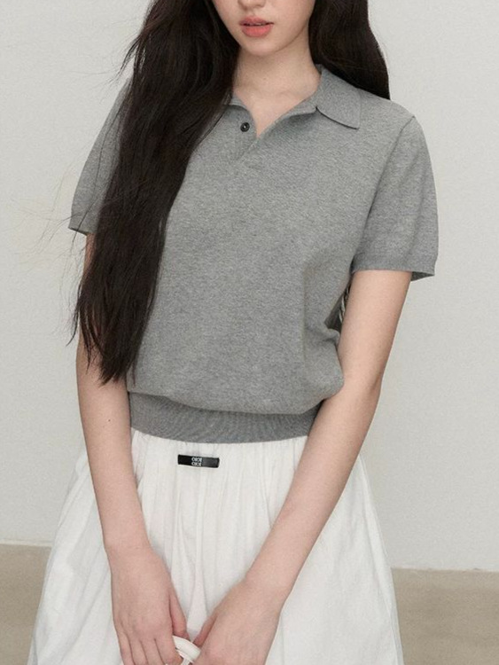 Classic Polo Shirt Women's Versatile Vintage Knit T-Shirt Short Sleeve BF2521F3C36C41A57AFF6D8DA97117A8