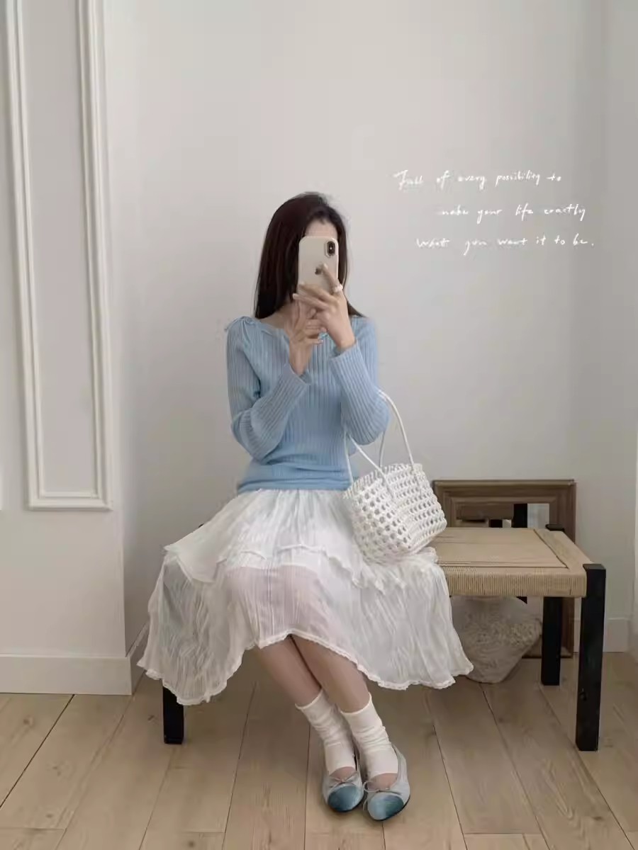 mesh irregular skirt solid color versatile A-line knee-length midi skirt C6AC6B0381B3A354502FC8C71BD20F22