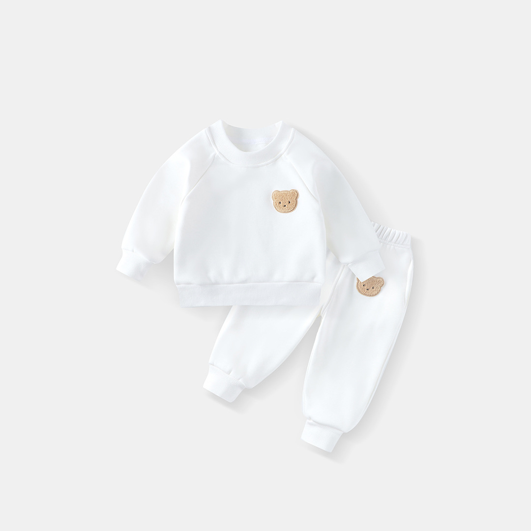 Children's Hoodie Set Autumn Winter Warm Fleece Two-Piece Outfit for Boys and Girls, Simple