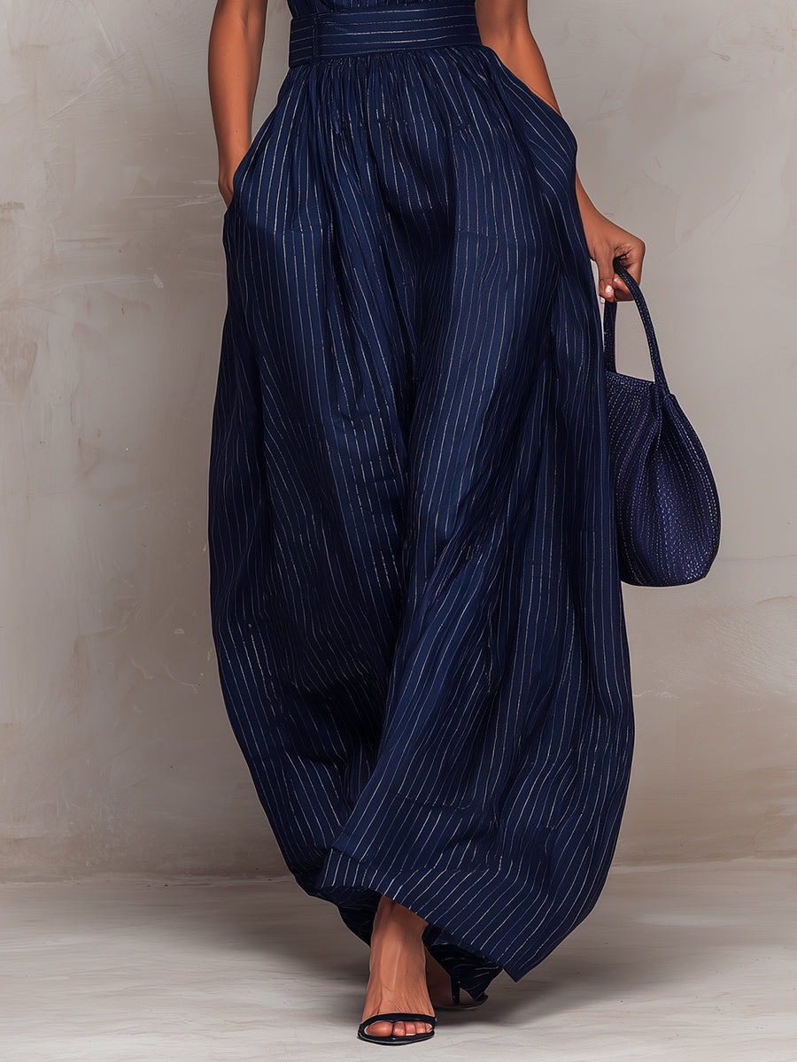 Women's striped sleeveless jumpsuit — full outfit view