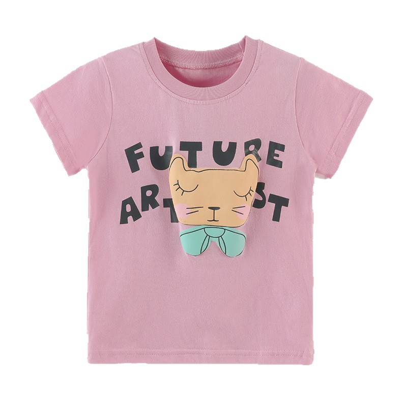 Girls' Short Sleeve T-Shirt Cartoon Cat Print