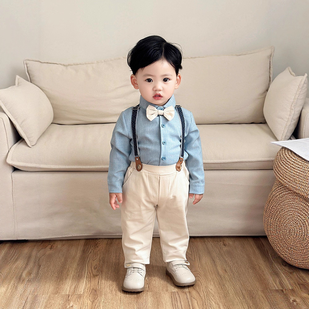 Cute Kids' Plaid Shirt with Bow Tie and Long Pants Set, Spring amp; Autumn Outfit for BoysCasual