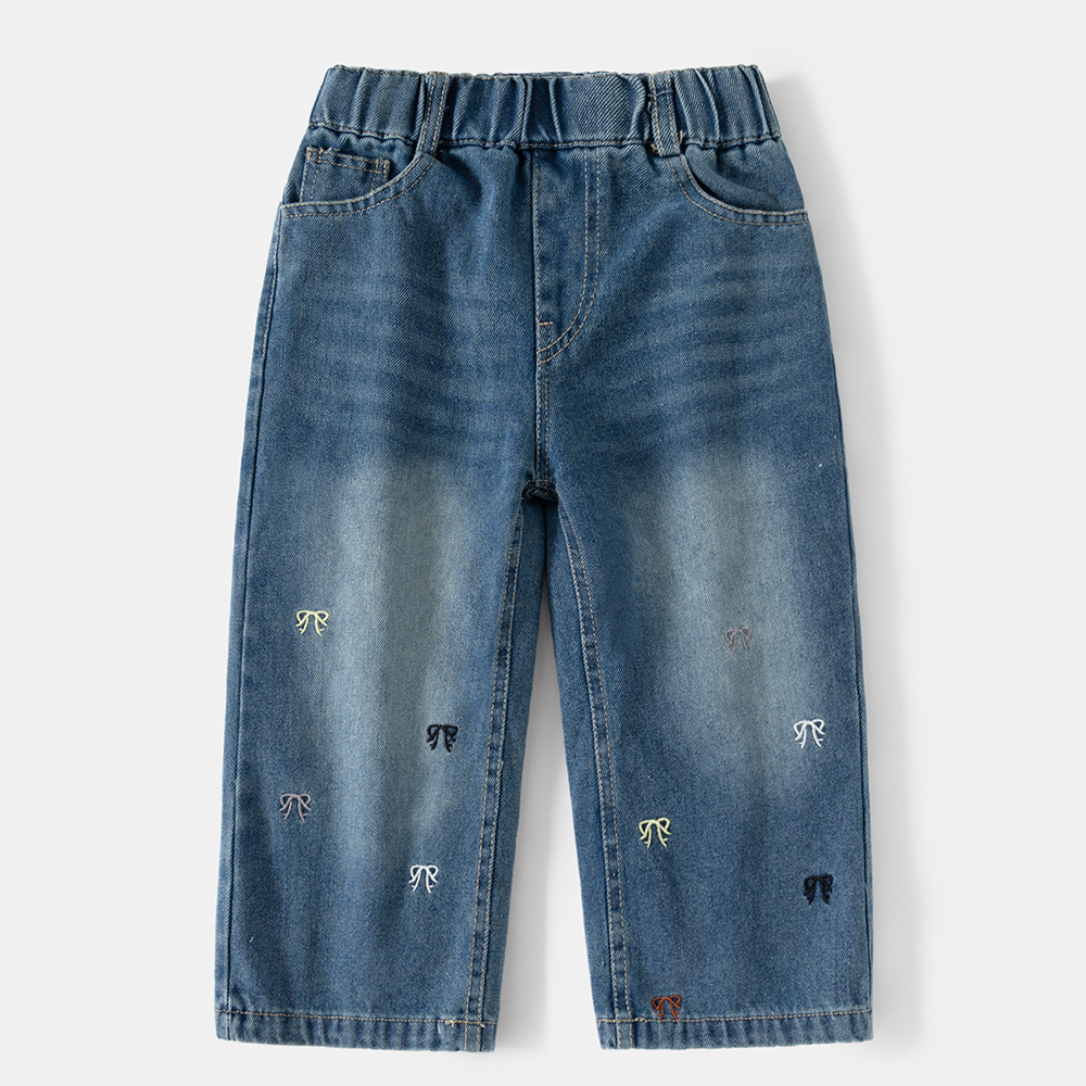 Girls' Denim Pants Spring Autumn New Children's Loose-Fit Straight-Leg Cartoon Long Pants