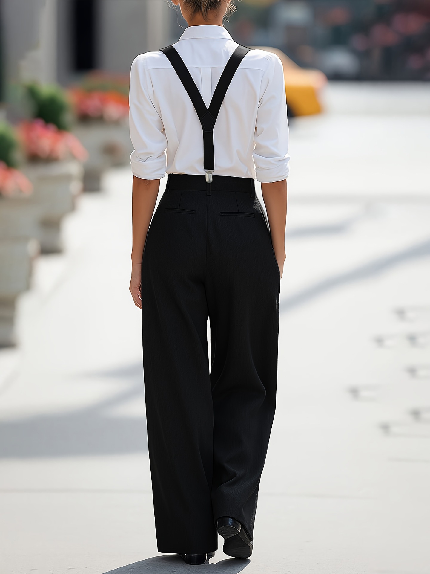 Navy blue wide leg suspender pants styled for casual and commute – women's outfit