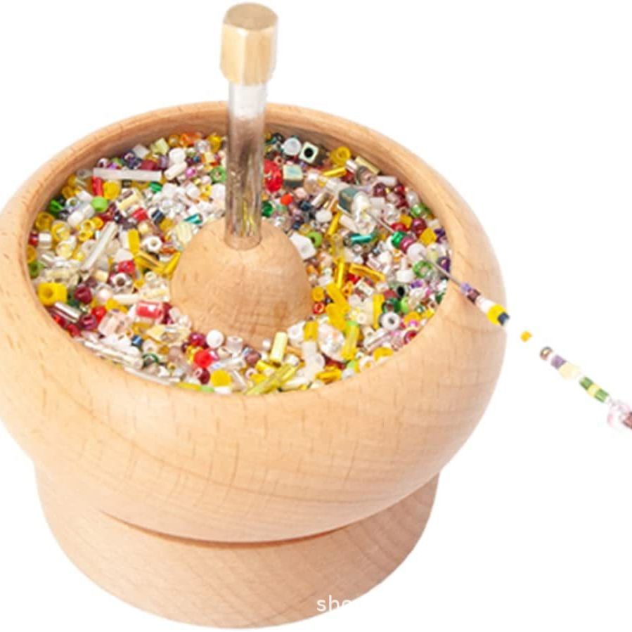 Wooden Bead Stringing Spinning Bowl DIY Craft Tool Rotating Wooden Jewelry Making Bead Threader
