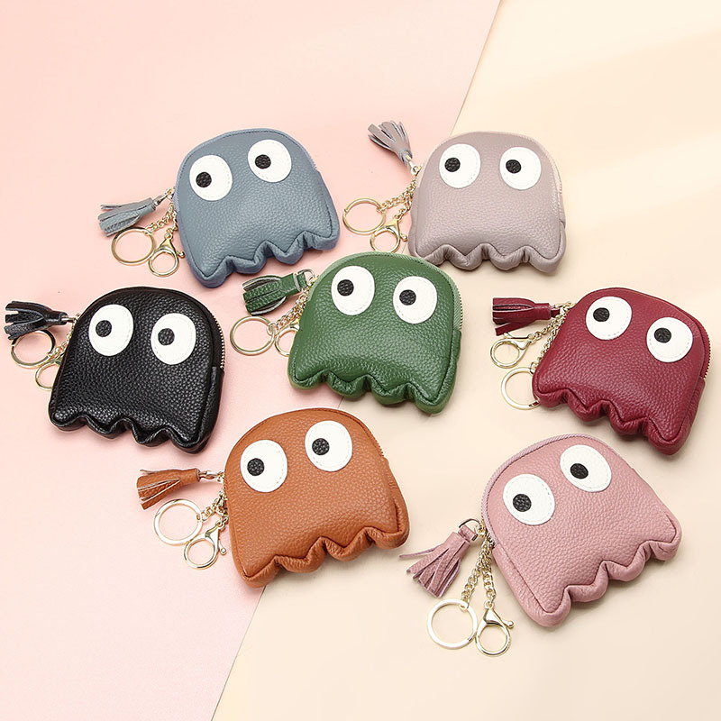 Leather Mini Creative Cartoon Zipper Coin Pouch Ins Cute Keychain Hard Coin Genuine Leather Wallet