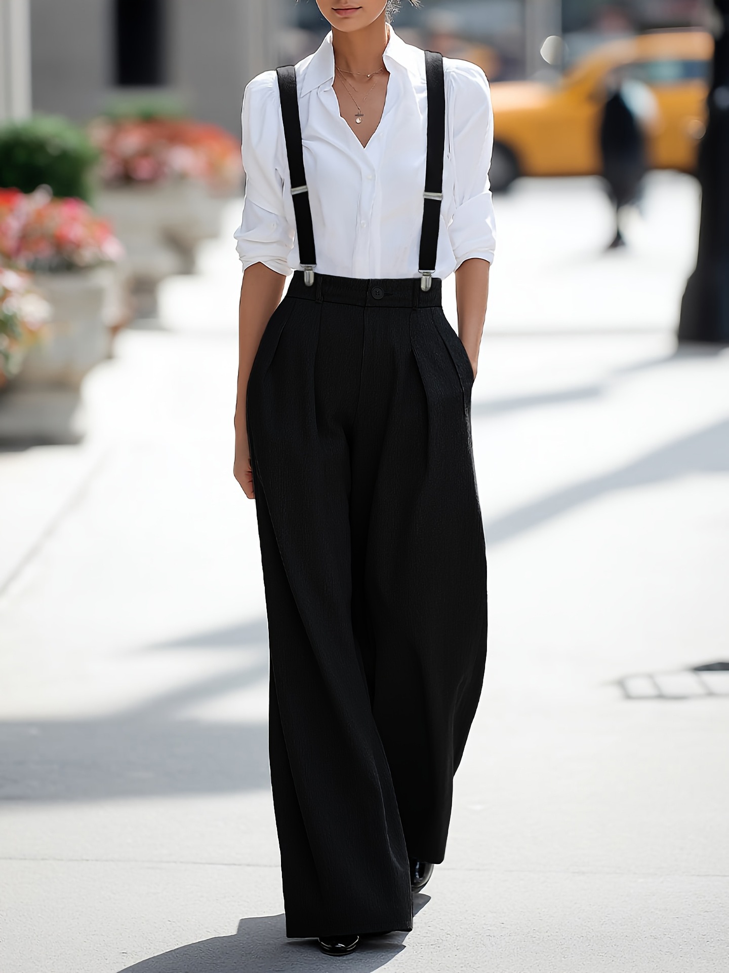 Navy blue high waist wide leg pants with shoulder straps – front view