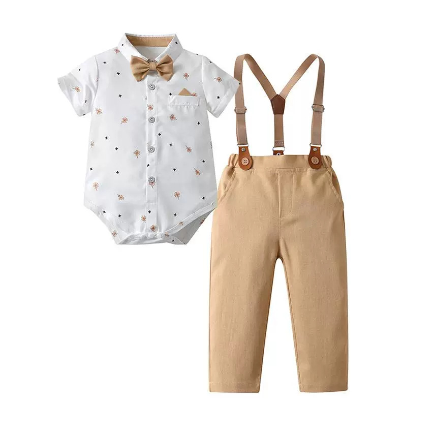 British Gentleman Style Summer Baby Boy Romper Set with Overalls and Short Sleeve Bodysuit Two-Piece