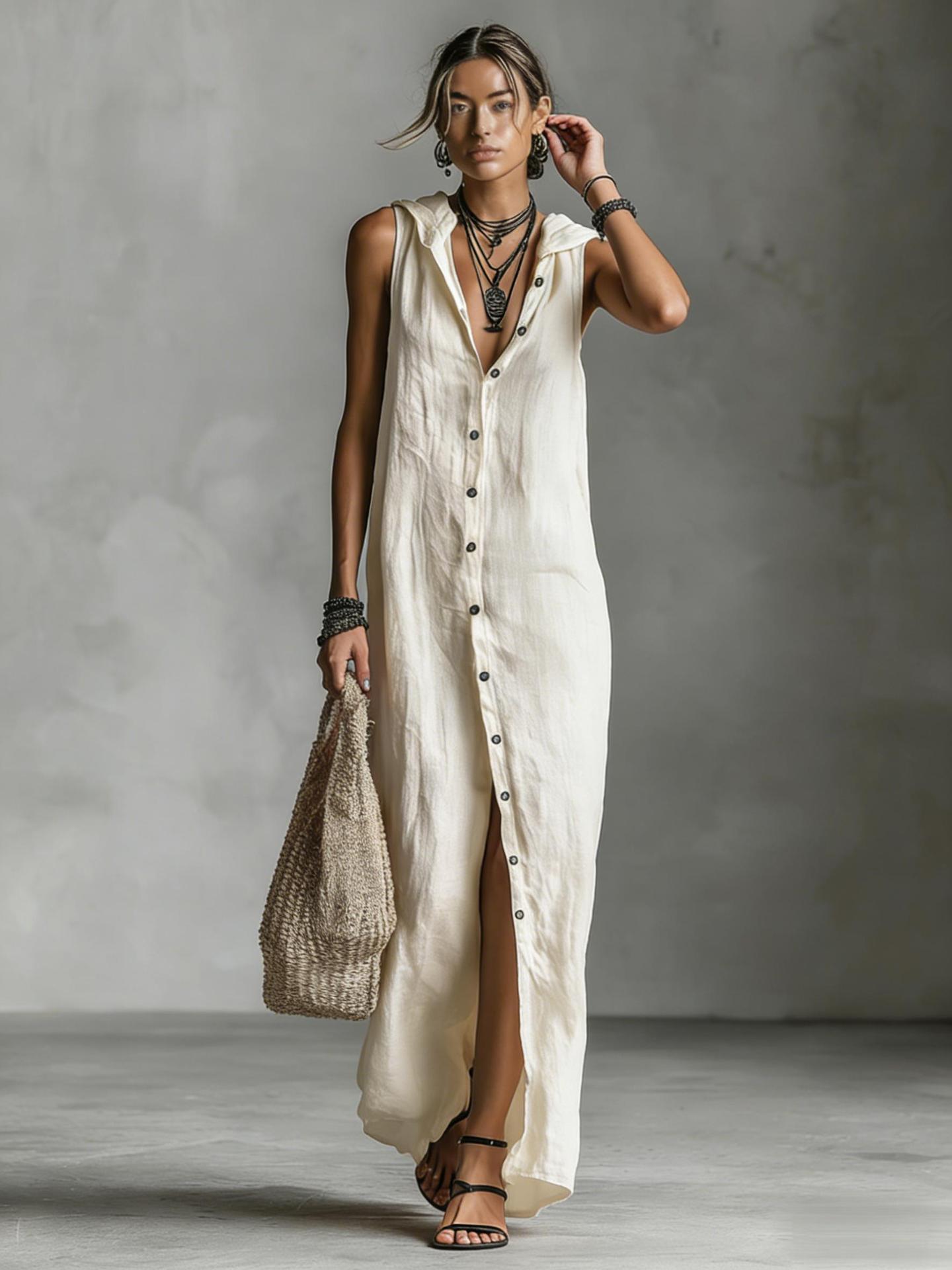 Women's sleeveless deep V-neck hooded loose maxi dress in off white – literary retro casual style