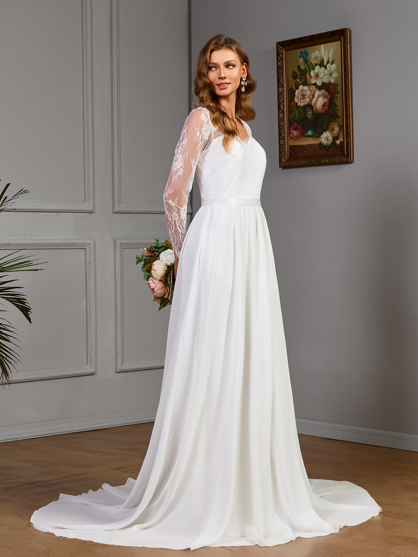 Plus size lace long sleeve wedding bridal dress in white — built-in bra and puff skirt for curvy women sizes S to XL