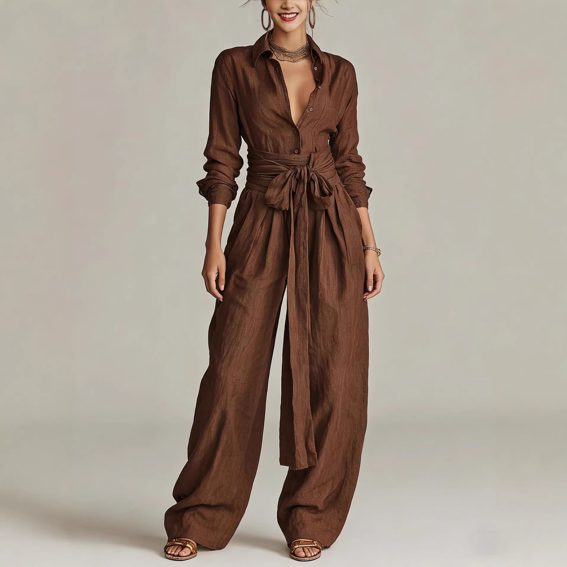 Women's collar top and high-waist pants two-piece set in apricot – loose fit casual style