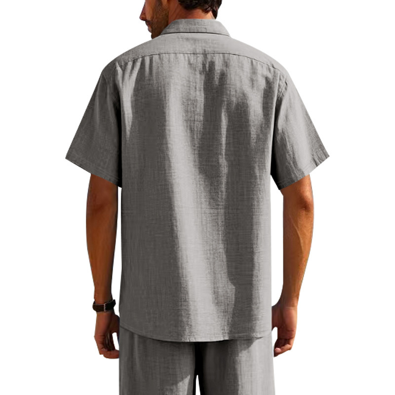 Cotton Linen Short Sleeve Shirt for Men Turn-down Collar Casual PocketDress Shirt, Summer 040E30DFEC49197A622C66FE0D1490D0