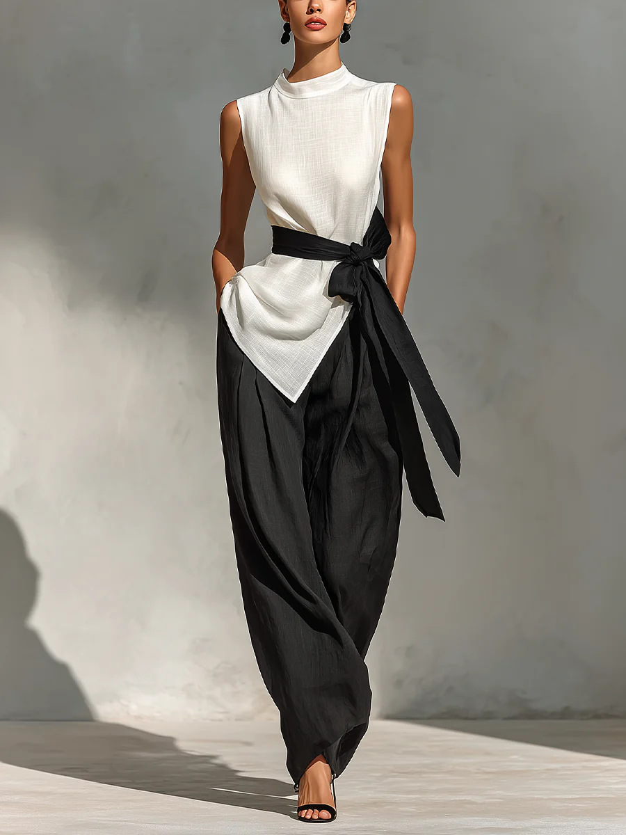 Women's lace-up sleeveless top and wide-leg pants set in white – side view flowing silhouette