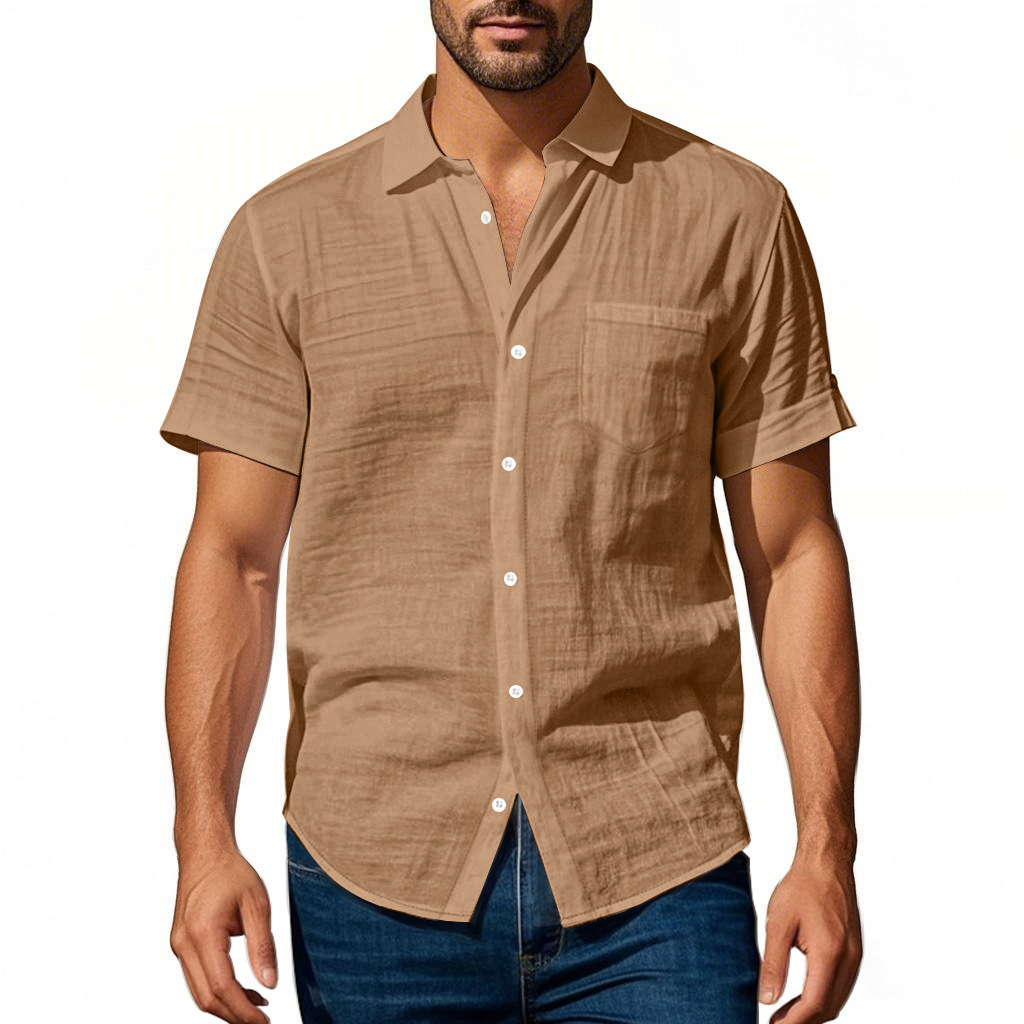 Cotton Linen Short Sleeve Shirt for Men Turn-down Collar Casual PocketDress Shirt, Summer 0724E35F74501F3DCA2F8B215A76B92D