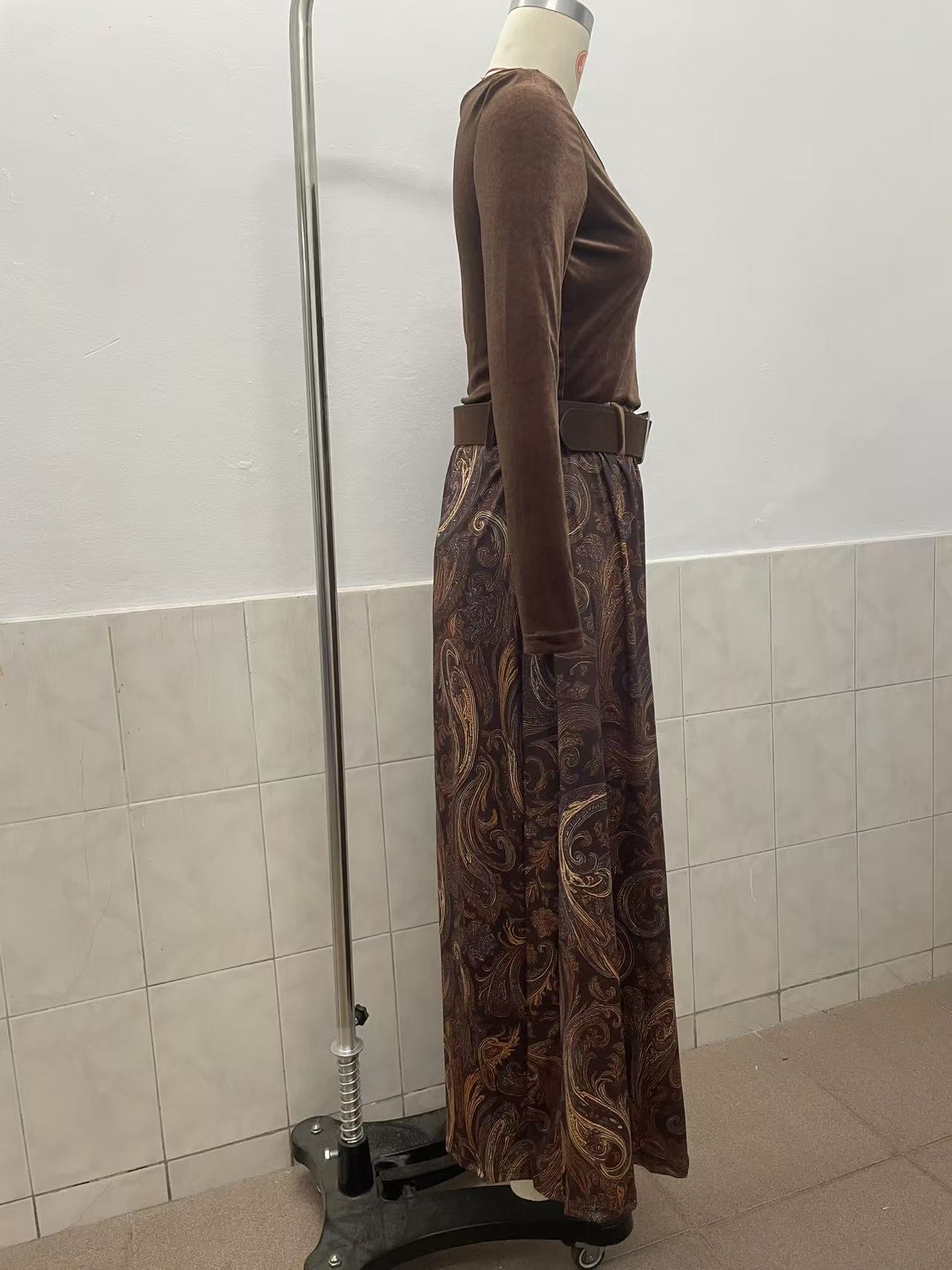 Women's floral print skirt set in caramel – long sleeve low neck belted two-piece