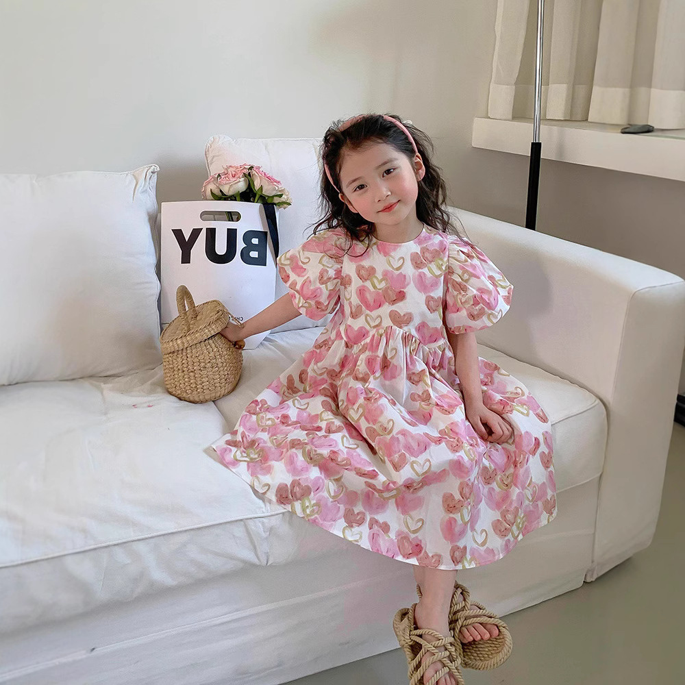 Cute Heart Print Bubble Sleeve Princess Dress for Girls Summer New Style Child Clothing
