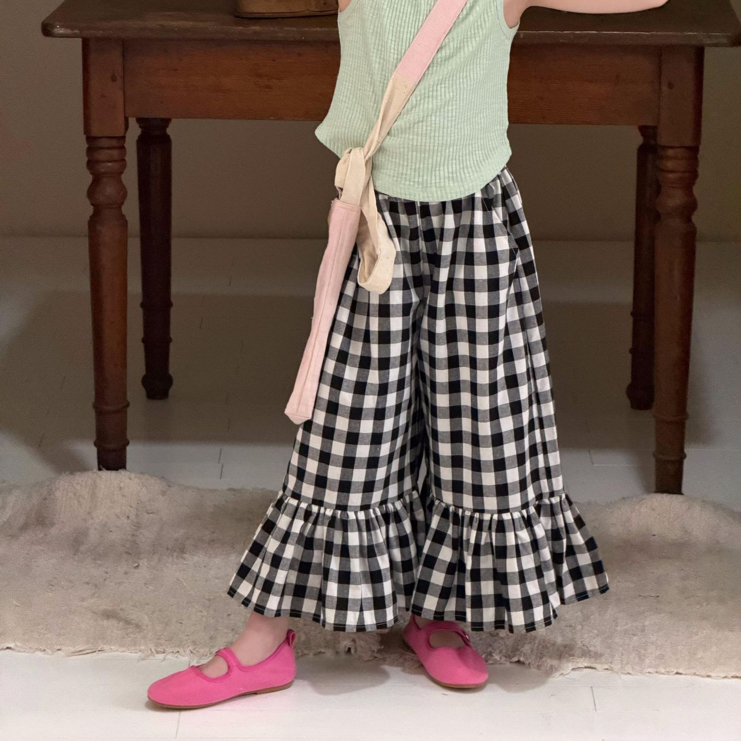 Sharp Egg Children's Wear Summer New Girls' Pants Black and White Checkered Casual Cotton Wide-leg