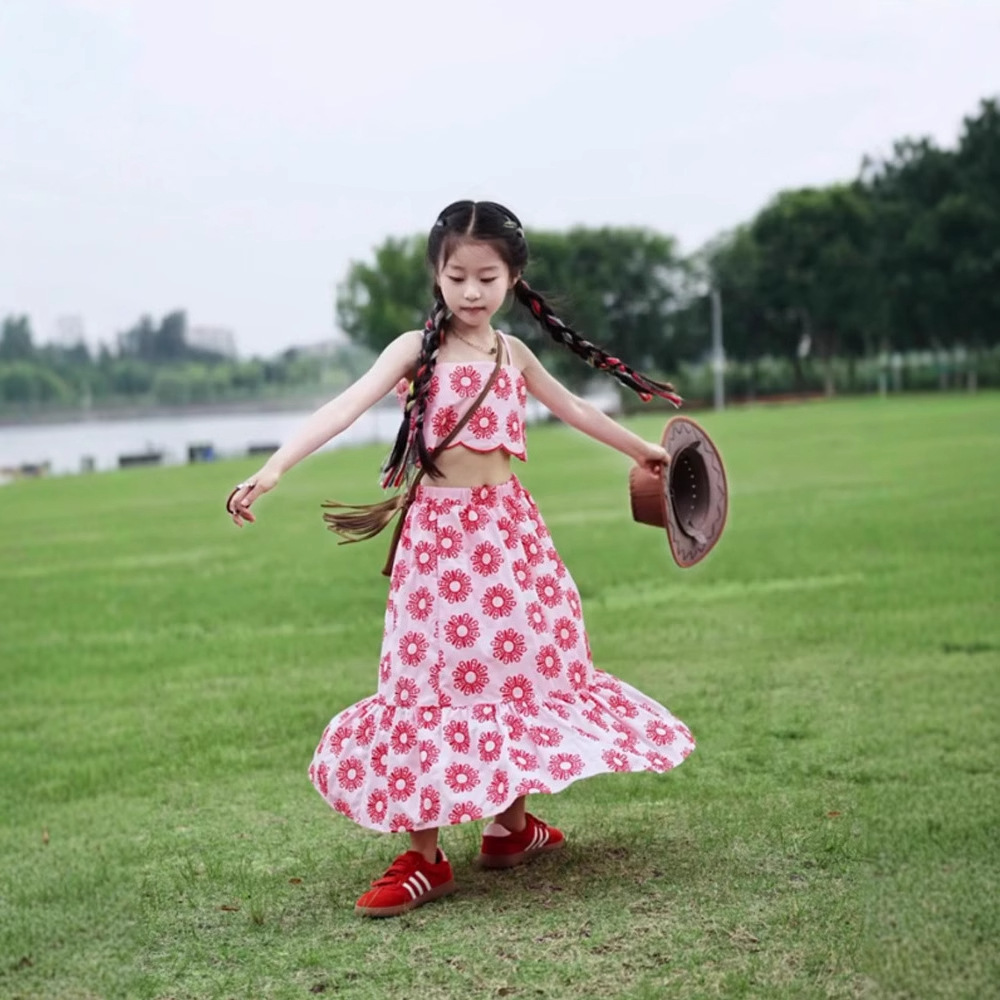 Girls' Summer Set New Floral Strap Top + High-Waisted Skirt Two-Piece Trendy Outfit for