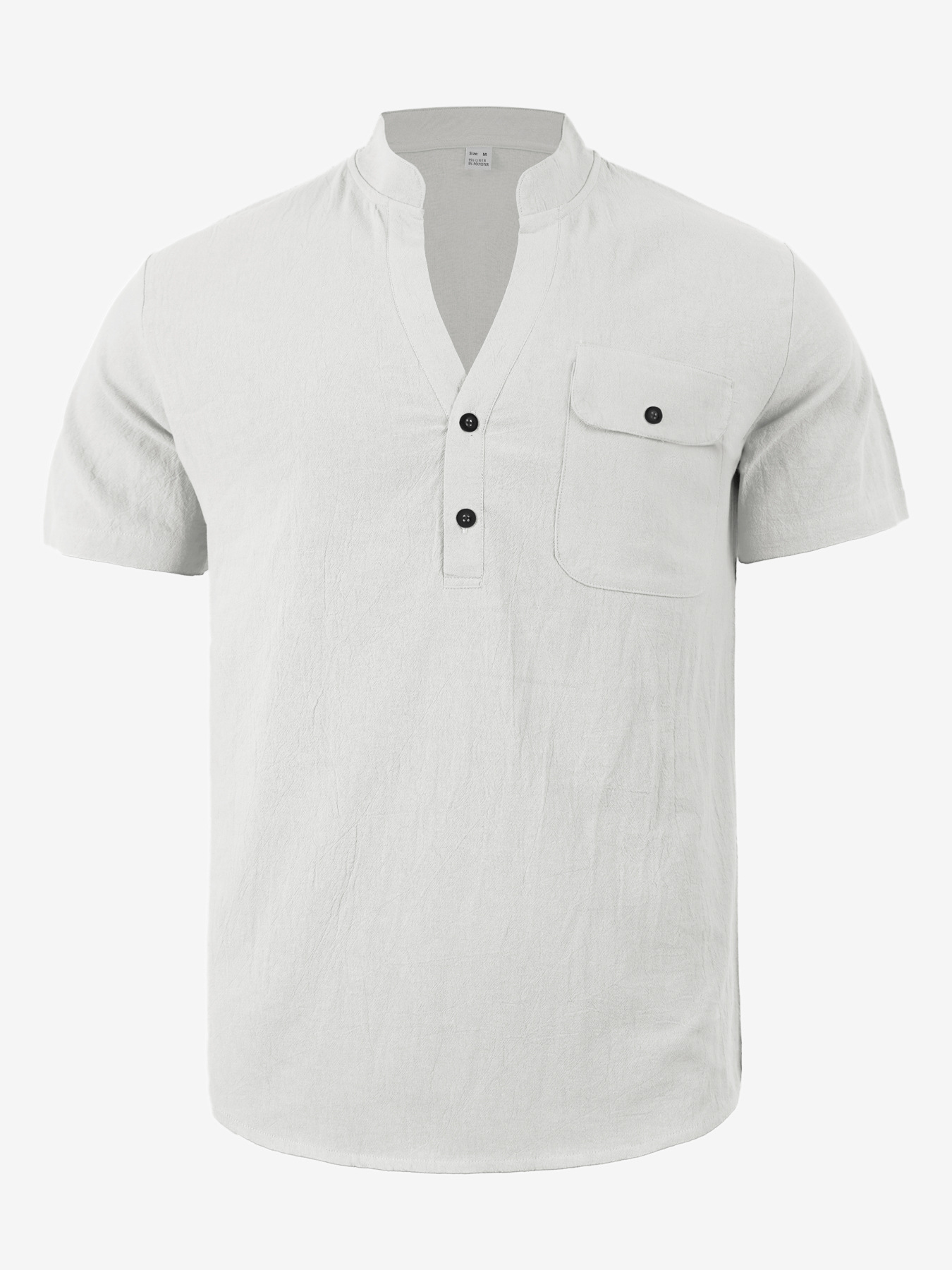 Casual Loose Cotton Linen Short Sleeve Shirt for Men with Stand Collar and Henley Neckline 0E0508684B96DC1022B3FC7D97153596
