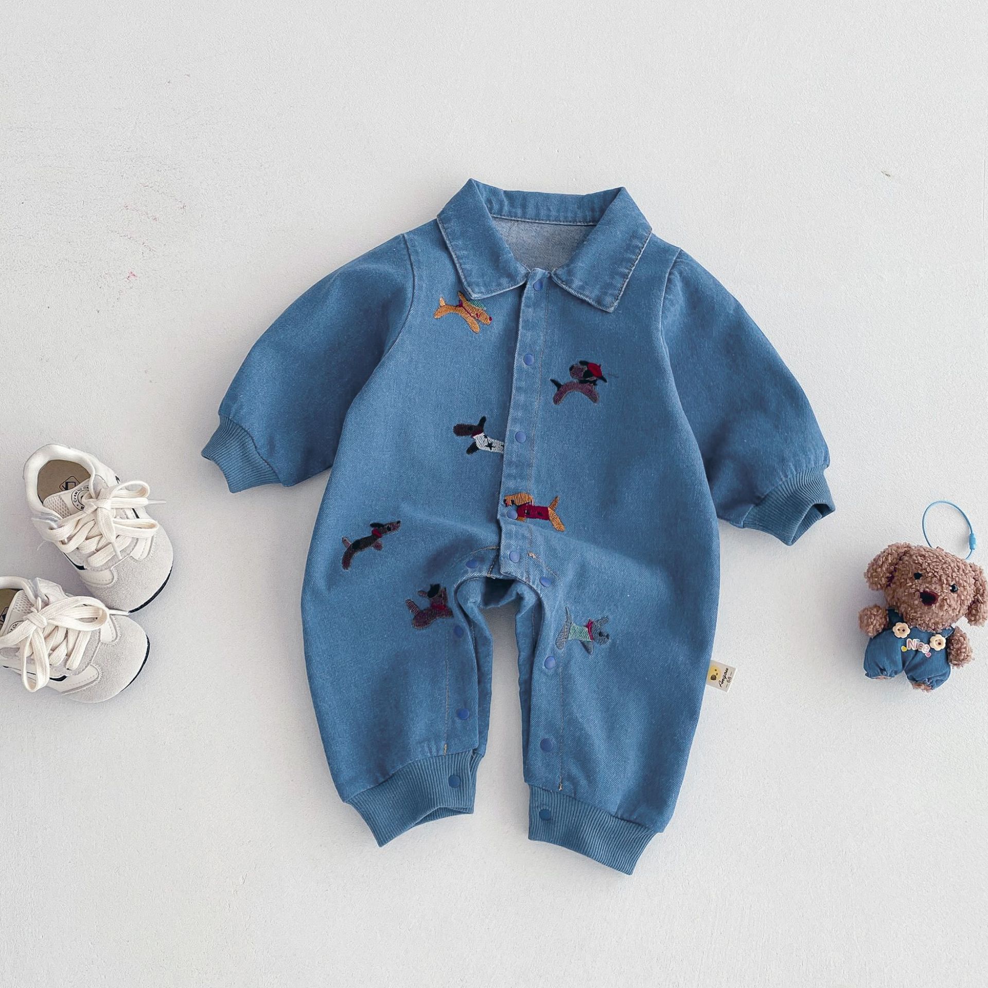 Infant Bodysuit Spring Outfit Unisex Baby Stylish Embroidered Denim Outdoor Romper Onesie Newborn