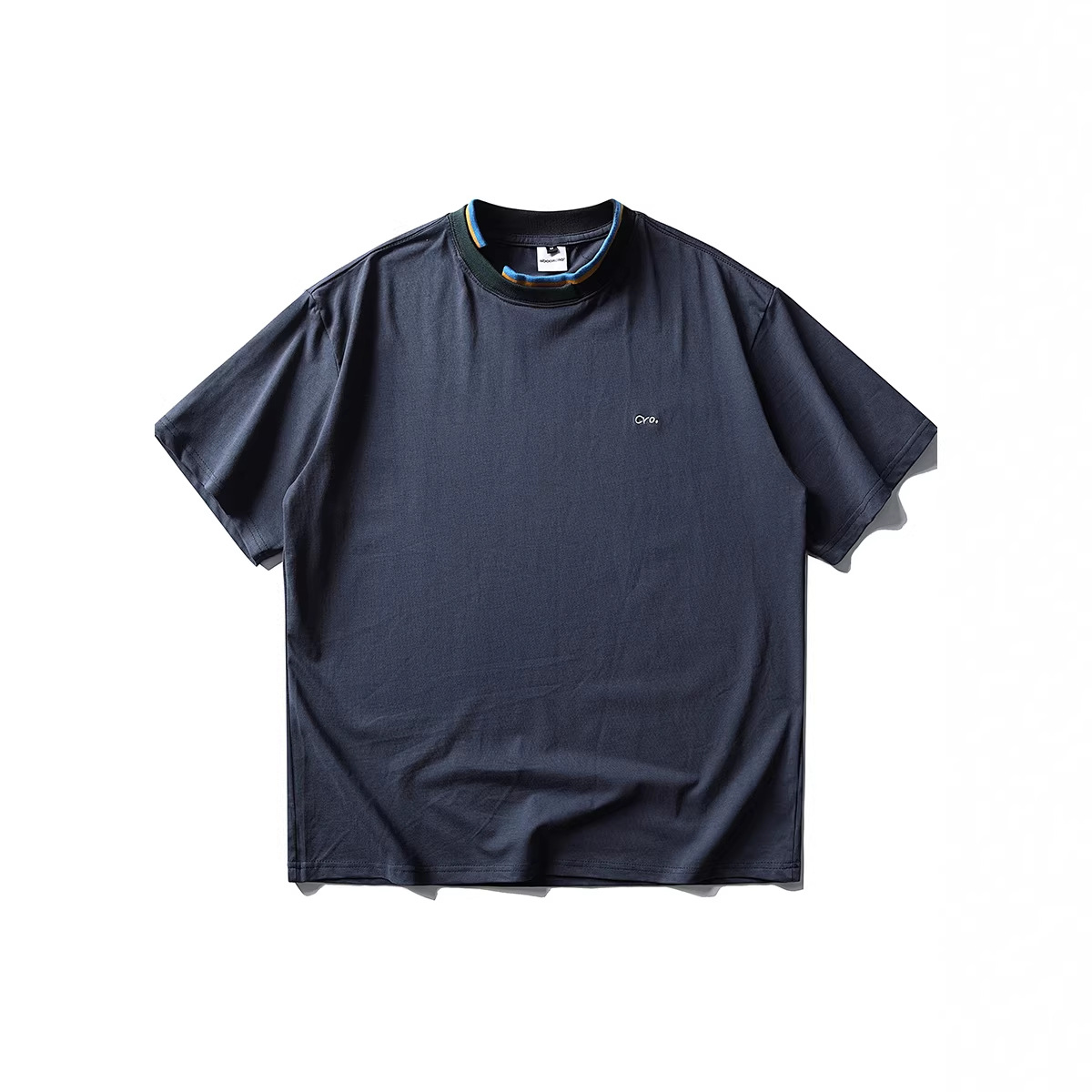 Irregular splicing color blocked collar embroidered small label short sleeved T-shirt