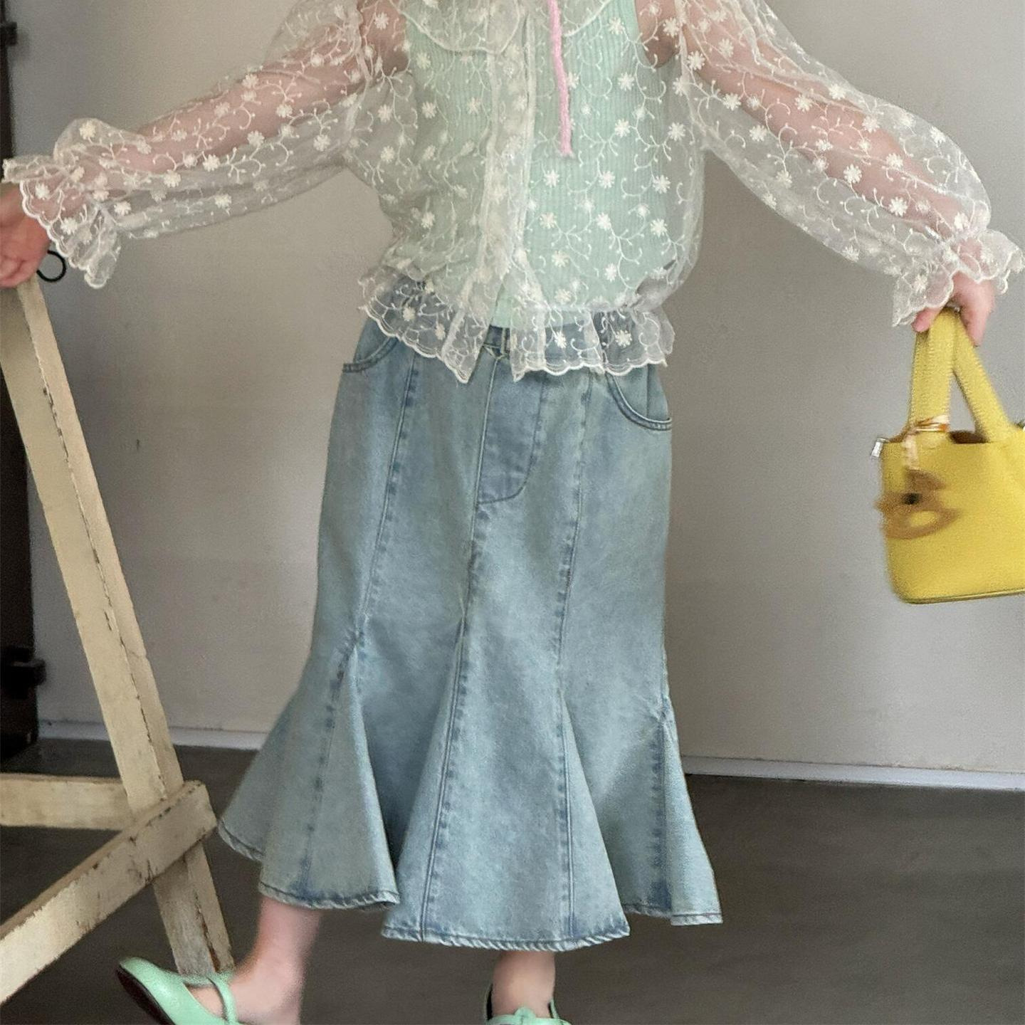 Children's Clothing Summer New Girl's Skirt Non-Stretch Denim Skirt Loose Light Color Midi